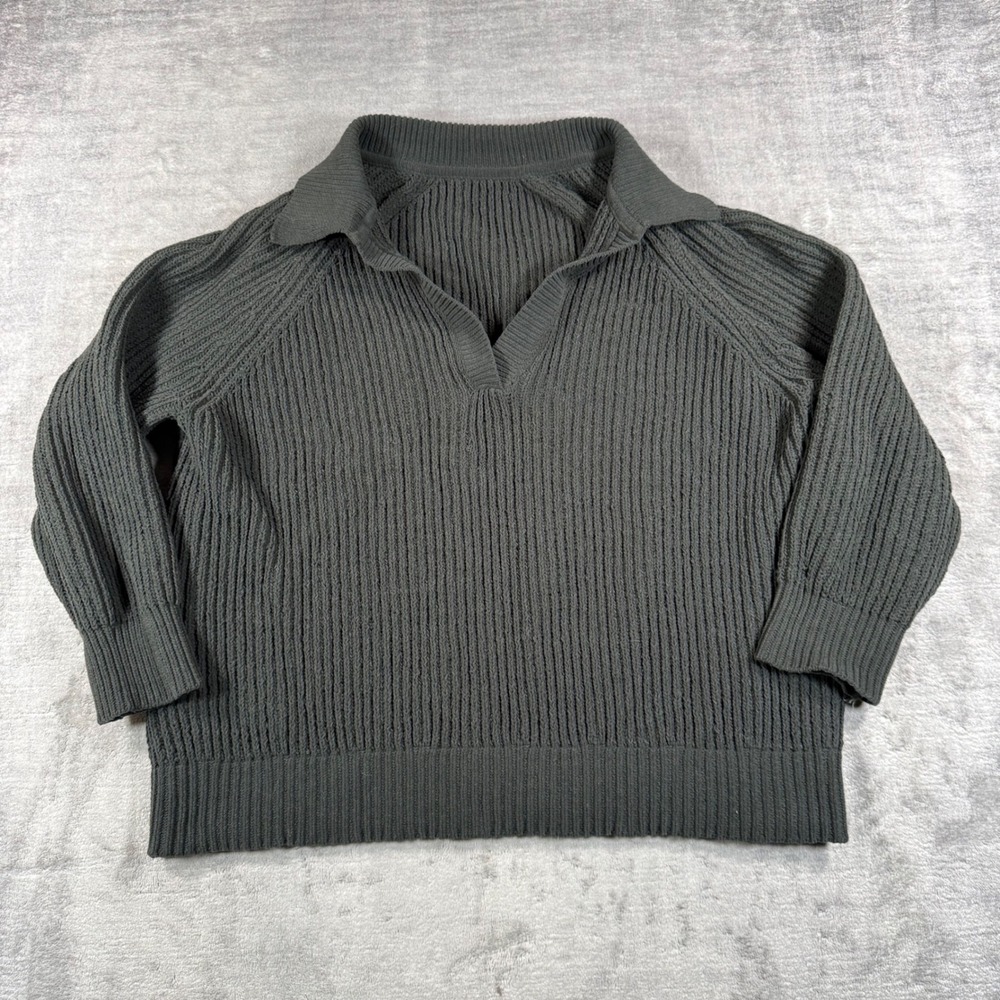 Aerie Polo Sweater Womens Medium Gray Ribbed V Neck Knit Relaxed Pullover